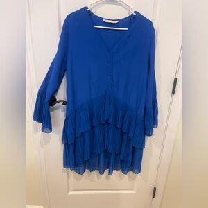 Zara ruffled sleeve/hem dress, blue, size S